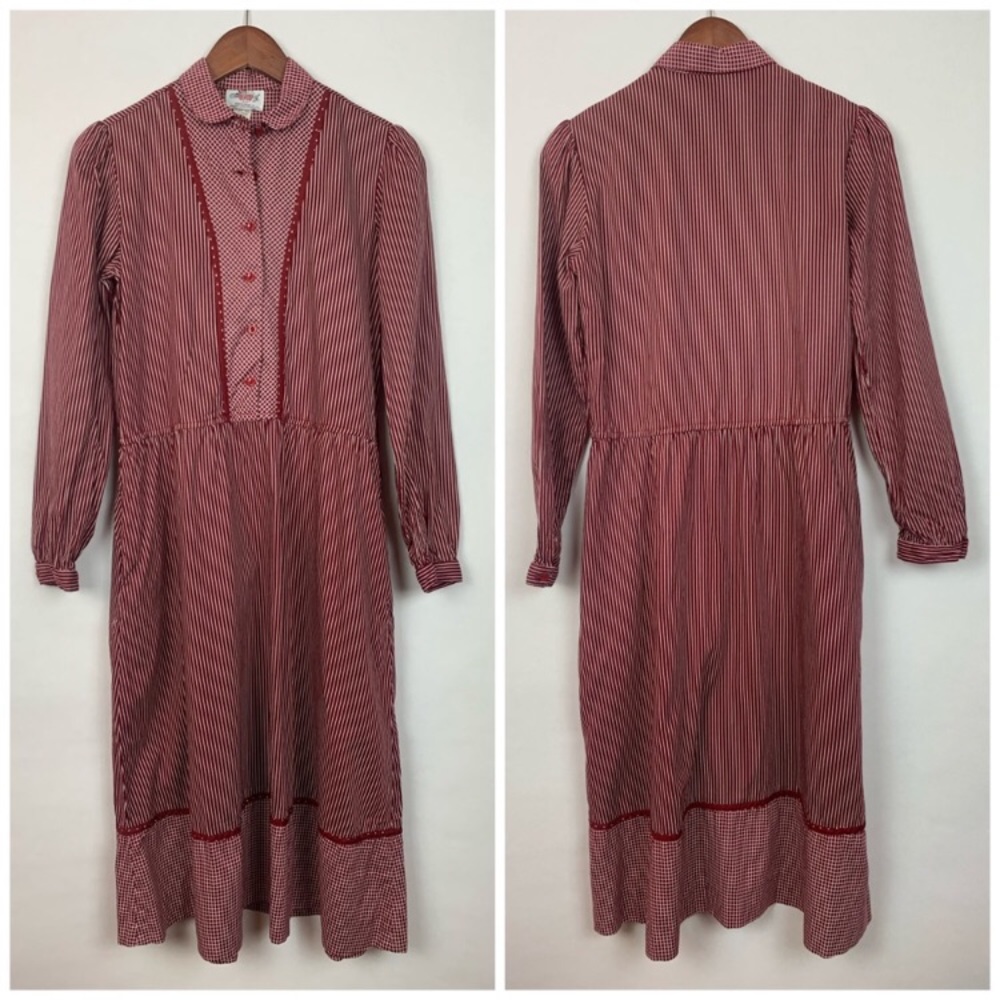 Vintage Lanz Dress Burgundy Stripe Midi Medium - Picture 7 of 15